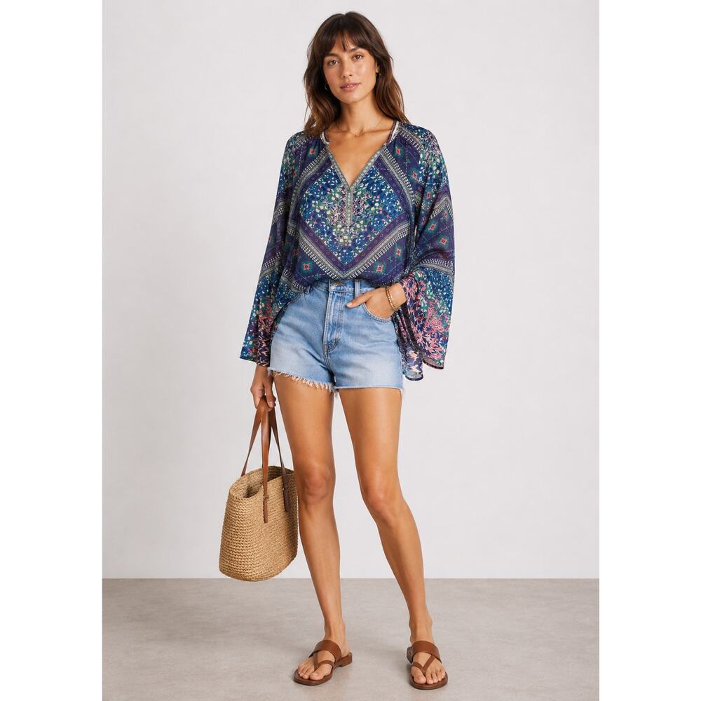 Hale Bob S Beaded Silk Flowy Tunic Top $278 Button Collar Boho Blouse Blue - Picture 3 of 9
